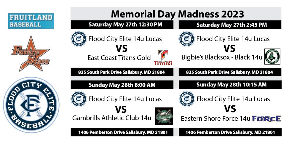 This extended weekend FCE Lucas 2027 invades Salisbury, MD to compete in the @FSTBTOURNEYS Memorial Day Madness tournament hosted by Fruitland Baseball. We'll match up against @ESFORCEbaseball @GACBaseballClub @ECTitans @bsp2023