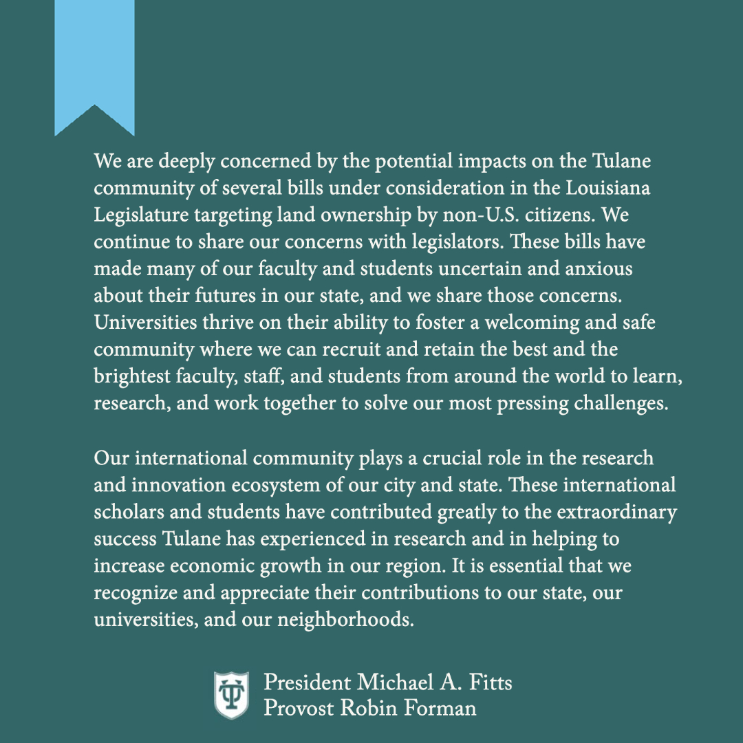 President Michael A. Fitts and Provost Robin Forman recently released a statement on bills in the Legislature: news.tulane.edu/statements