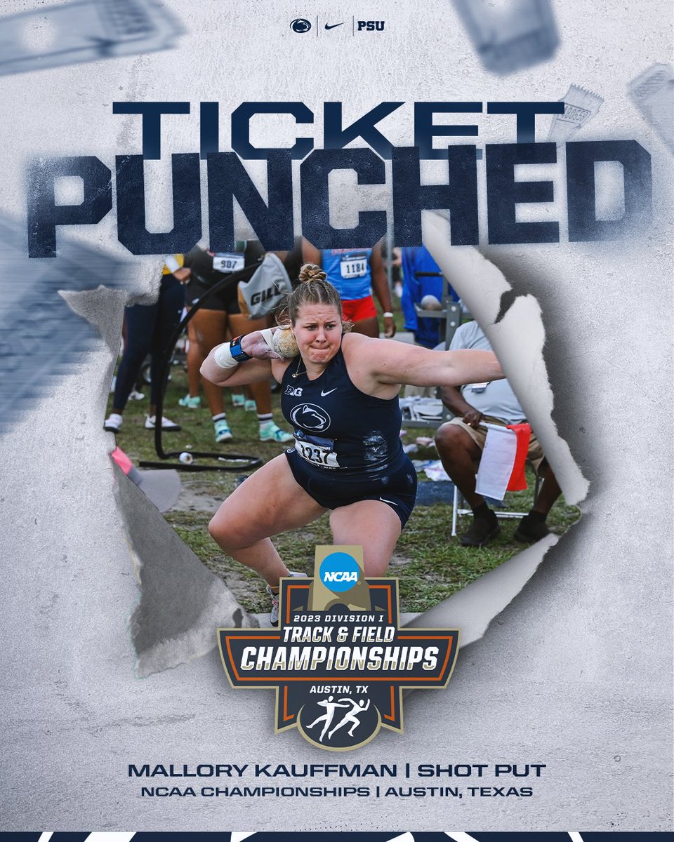 PennStateTFXC's tweet photo. Put your hands together… MAL IS HEADED TO AUSTIN 👏👏

Kauffman goes 56-4.5 (17.18m) for a fifth-place finish in the region, punching her 🎟️ to the National Championships for the second year in a row!

#WeAre | #PSUTF https://t.co/xmfId9wIZC