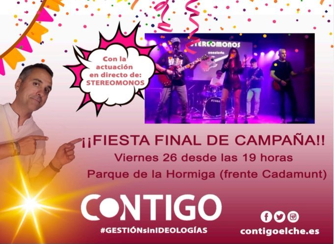 DiariVinalopo's tweet photo. 🟤CONTIGO celebra esta tarde su fiesta final de campaña.

El evento comenzará a las 19:00h y contará con merienda y actuación musical en directo.

📍Jardín Cantor Francisco María García (parque de la hormiga)

#ContigoElche @ContigoSD  @Contigo_Elche https://t.co/bCNvjqpQe0