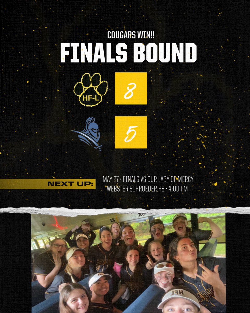 HFLCSDAthletics's tweet photo. Softball is going to the finals too!! Our Lady Cougs upset two seeded Sutherland on the road tonight by a score of 8-5 to advance to the finals on Saturday afternoon. Kate Dailor was the hero tonight, hitting a go-ahead 3 run homer in the top of the 7th. #RollCougs https://t.co/A3XXiJSNcm