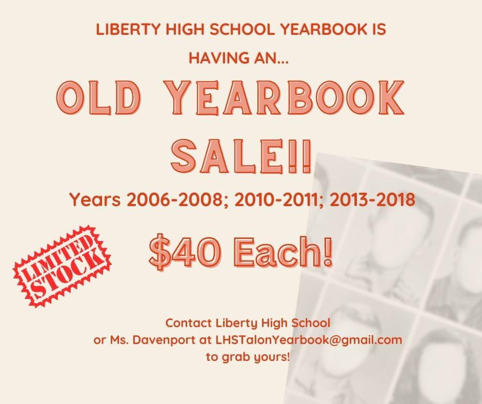 TLhsva's tweet photo. Never got a yearbook during your time at Liberty? Lose your yearbook? We are offering a sale on old yearbooks that we have available! Limited stock and we have only certain years listed! Grab your copy today!
#lhstalonyearbook https://t.co/ueSdoktA85
