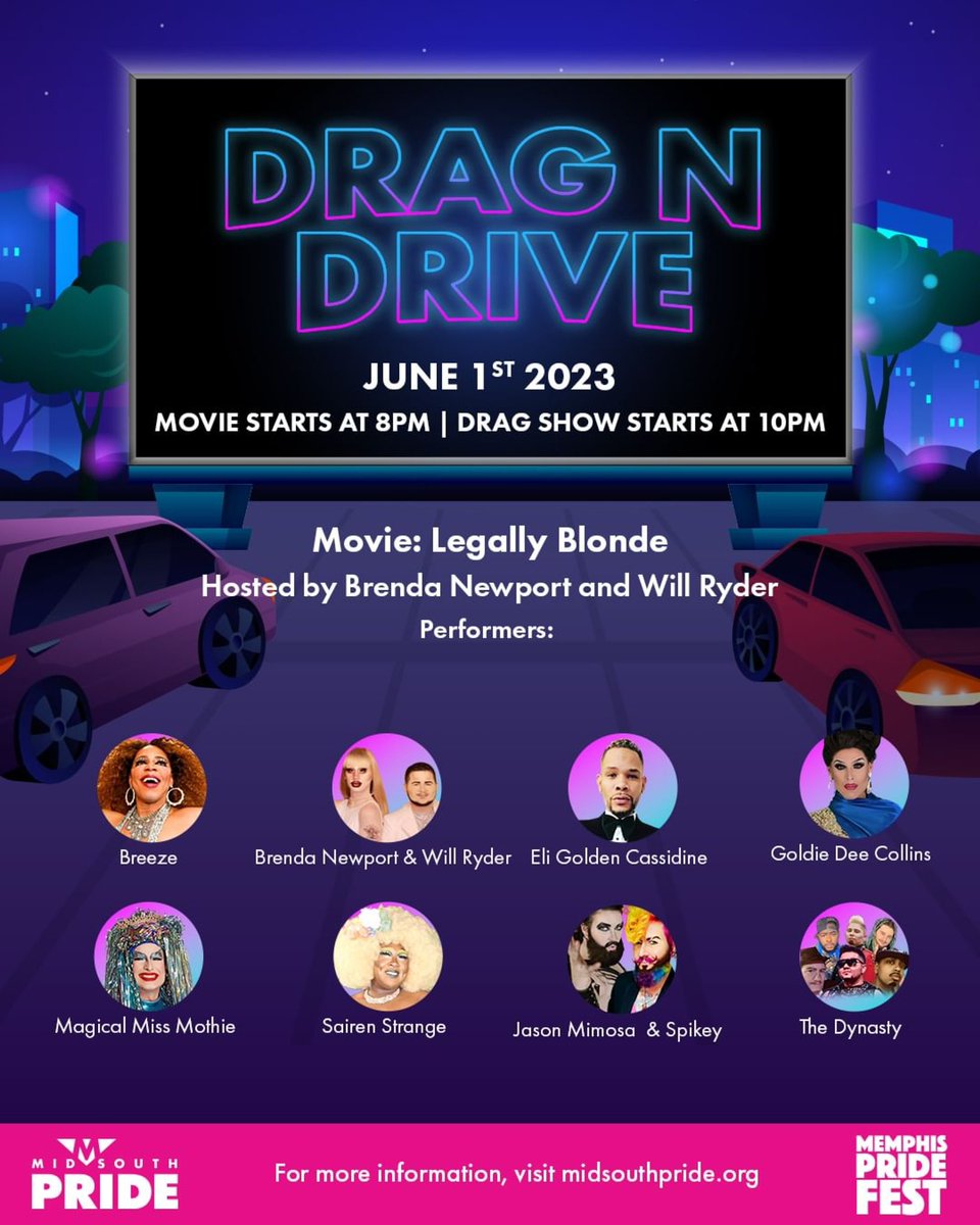 📢 Get ready for a night of fabulousness 👉🏼 Drag N Drive This year's event promises to be unforgettable, with a movie and drag show featuring the cult classic Legally Blonde at the Summer Drive-In🍿

✨ BUY YOUR TICKETS NOW 👉🏼 bit.ly/3MIjsxB

#MidSouthPride