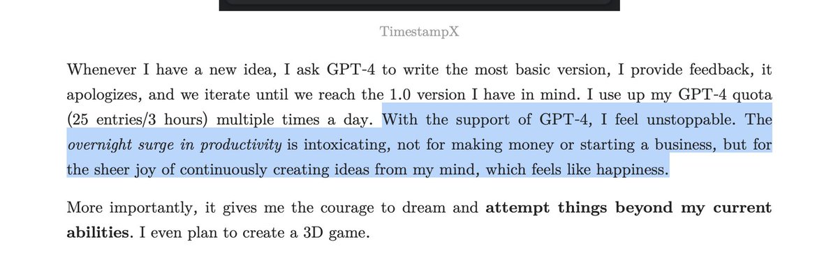 Anyone else riding this high?

"With the support of GPT-4, I feel unstoppable. The overnight surge in productivity is intoxicating, not for making money or starting a business, but for the sheer joy of continuously creating ideas from my mind, which feels like happiness."