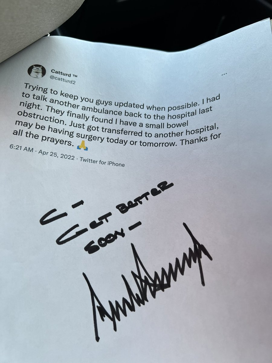 catturd2's tweet image. Around a year ago, I was in the hospital for 5 days … when I finally got home and checked my mail, President Trump had sent me a signed get better soon letter. 

Seriously, a President of the USA did this for an everyday, average, old country boy like me? 

Has any politician in…