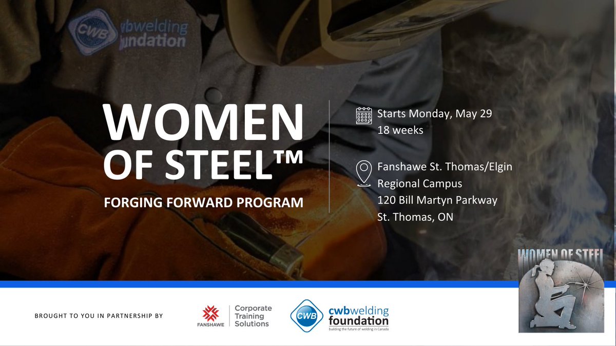 FanshaweCollege's tweet photo. Providing women with opportunities to pursue traditionally male-dominated careers like welding is critically important on an individual &amp; regional level. Learn more about the 18wk @cwb_foundation Women of Steel program beginning May 29 at @FanshaweStT at https://t.co/fmsQOc1Paw https://t.co/UiMpoCTWVw