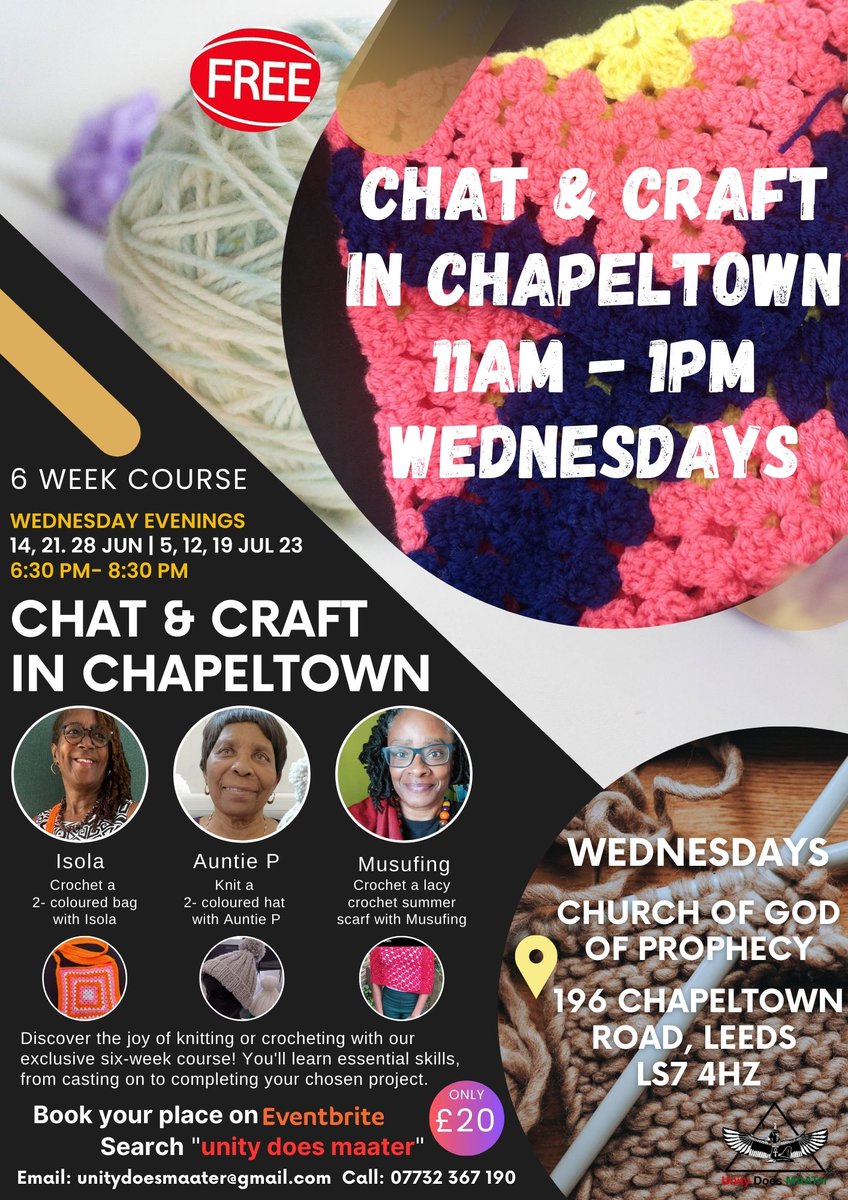 Learn to Knit or Crochet with us | 6-Week Course Starting 14th June eventbrite.co.uk/o/unity-does-m… #UnityDoesMAATer #Education #ItTakesAVillage #Leeds #Chapeltown #Workshop #Adults #Empowerment #CraftingInChapeltown #ChatAndCraft #Social #ChatAndCraftInChapeltown #Love #6WeekCourse