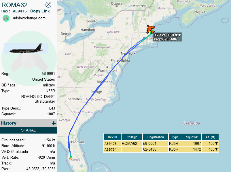 SirListenalot's tweet photo. Earlier today two #KC135's #AE0475 as #ROMA62 and #AE07B4 as #ROMA63 relocated from McDill to Pease for upcoming #CoronetEast 063 https://t.co/m4TnQDe8vX