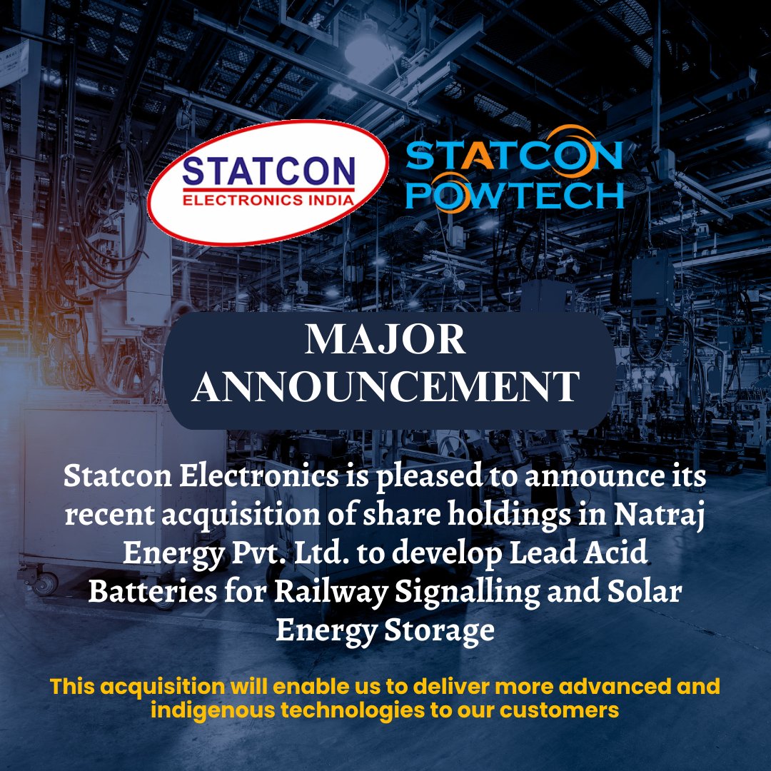 statcon's tweet photo. Embarking on a New Journey: Statcon Electronics is thrilled to announce its recent acquisition of share holdings in Natraj Energy Pvt. Ltd. Get ready to witness a remarkable fusion of innovation &amp; sustainable solutions #StatconElectronics #NatrajEnergy #NewChapter https://t.co/7iszjWMoCZ