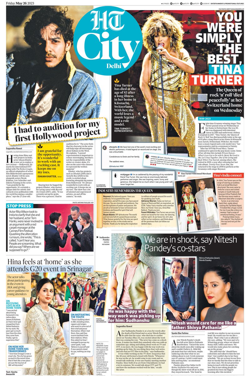 Read all the top news from the world of entertainment and lifestyle in today's HT City

Read today's epaper: read.ht/Elzv

#RIPTinaTuner #RIPNiteshPandey #ShivyaPathania #SudhanshuPandey @eyehinakhan @tomhanks #RitaWilson #IshaanKhatter