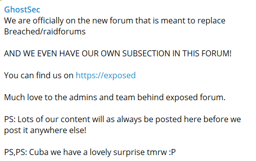 FalconFeedsio's tweet photo. GhostSec hackers group claims to be active in the newly formed "Exposed" hackers Forum. The group also mentions that their latest target is #Cuba in a recent post on their telegram channel.

 #cti #threatintel #cybertattack #cyberthreat https://t.co/opRALn49j2