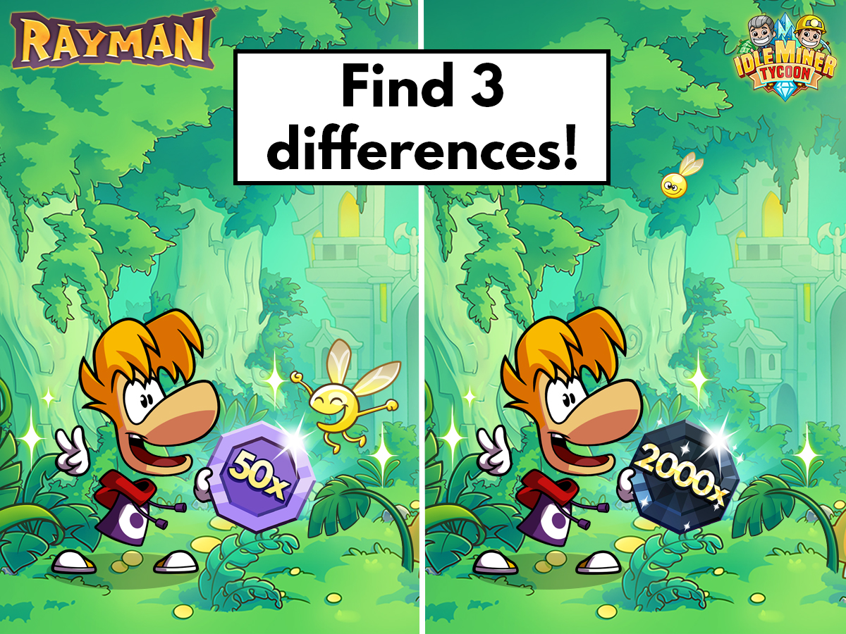 😄 YAHOO! HA-HA-HA! Time for another fun giveaway! Find 3 differences in the image 👇 and you may earn yourself a brave legendary Boost surprise. 😎

#IdleMinerTycoon #Rayman #Giveaway #Differences #IdleGames