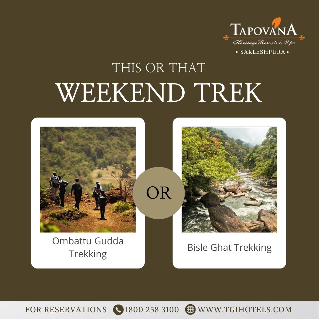 It's time to take on the great outdoors of #Sakleshpur! This #weekend, explore #OmbattuGudda or #BisleGhat for an epic adventure. Which one do you think would have the most stunning view? Let us know in the comments.
#explorationgoals #weekendtrekking #TapovanaResorts