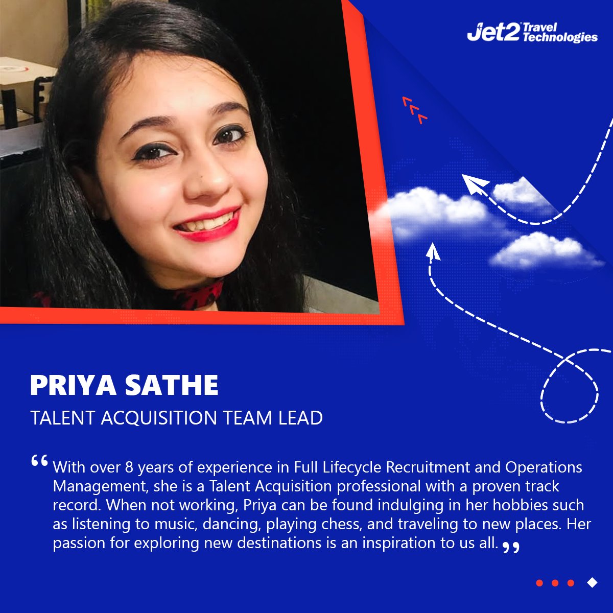 We are excited to welcome Priya Sathe as a part of our #Jet2TT family.

#Jet2TravelTechnologies #LifeAtJet2TT #Employees #Hiring #Techhiring #Talentacquisition #Careers #Appdevelopers #JobAlert #TechJobs #TechCareers #ITHiring #HiringAlerts #HiringImmediately #HiringDevelopers