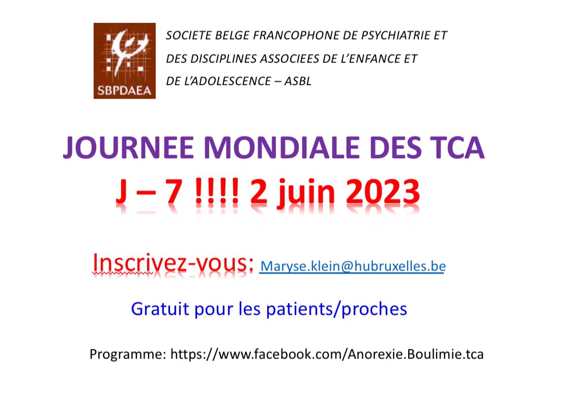 anorexie_tca's tweet image. J - 7 avant la journée mondiale des #TCA , inscrivez-vous, venez #libererlaparole , partager, échanger 
#NoMoreTCA @BrunoROCHERR @nicolassahuc @Nathalie_Godart @ffabtca @MauxBleus_PdS @HugoSaoudi @chcliege
