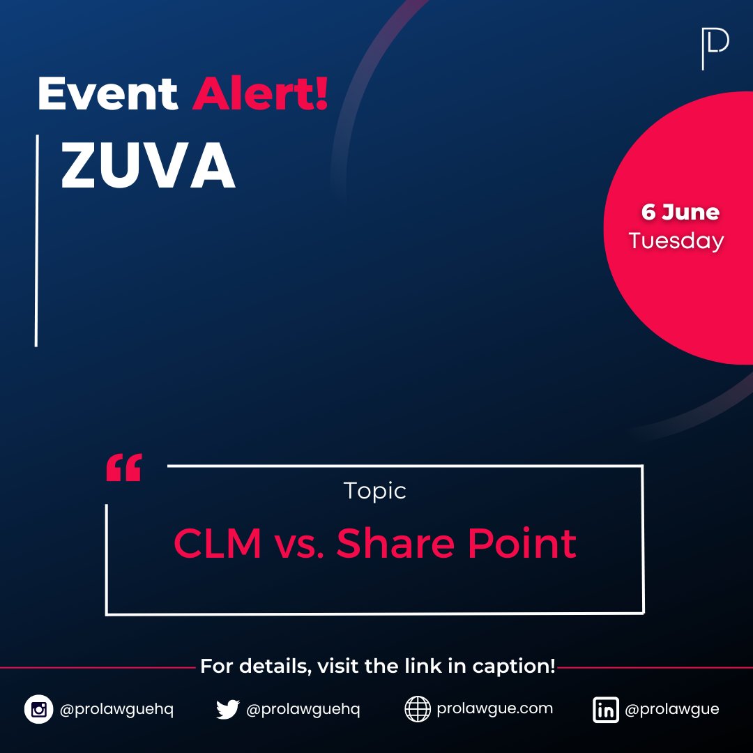 Zuva is organising an event on CLM vs. Share Point. 💯🙌🔥

For details, visit tinyurl.com/y9km4mkn

#prolawgue #compliance #legaloperations #legalinnovation #innovation #litigation #learning  #clm #marketing #events #webinar #legaltech #lawtech #legaldesign #legalops