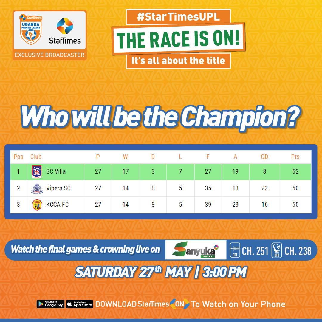 Stellaellaug's tweet image. SC Villa host URA FC, Vipers SC host Busoga United and the Kasasilo boys, KCCA FC  host S. Bright Stars. All games on Saturday at 3PM

Catch all the action live on #SanyukaPrime CH.251/238, or via the #StarTimesON app app.adjust.com/bb3t9wk .
#TheRaceIsOn | #StarTimesUPL
