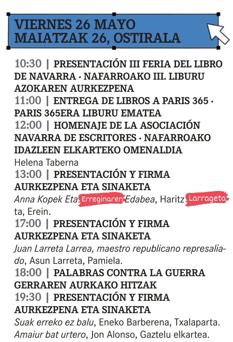 libnavarra's tweet photo. Hasiko gara!
¡Empezamos!
Programación de hoy
Gaurko egitaraua
👇👇👇👇👇👇👇👇👇👇
@cultura_na
@nie_ane @editargi
@ereinargi @hlarrageta @Pamielaetxea
@txalapartatik @Suak_nobela
#JonAlonso
#GazteluElkartea
#Feriadellibrodenavarra https://t.co/X0JJ1Y4CF2