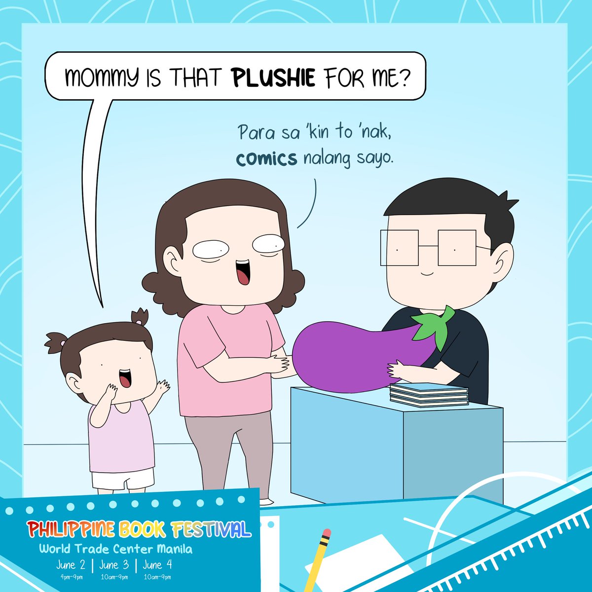 sskaitcomics's tweet photo. ‘Nak, wag kang mag assume 😂
Get dat talong.. and comics! Sa Philippine Book Festival sa June 2-4, 2023 sa world trade center Manila! We will also have a parallel event this dates sa Conquest festival! So see you sa booth as well! ❤️🤭 #PHBookFestival #ReadPinas #readpinoy https://t.co/K0bviwEv8K