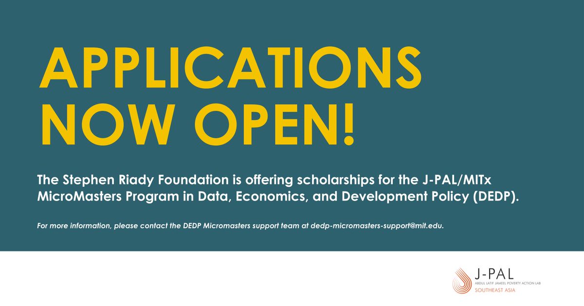 📢 #DEDP scholarships now available for learners from Indonesia and Southeast Asia thanks to the Stephen Riady Foundation! Don’t wait to enroll in courses with <a href="/JPAL/">J-PAL</a> &amp; <a href="/MITxCourses/">MITx Courses</a> and apply for a scholarship by June 6!  micromasters.mit.edu/dedp/announcem…