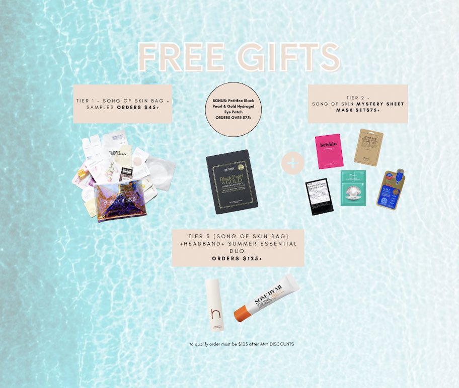 Song Of Skin gifts tiers! 🎁 We have a gift for every order
songofskin.com
Tier 1️⃣- Spend $45- Song Of Skin Sample Bag
Tier 2️⃣- Spend $75 - Get Sample Bag +Mystery Mask  
Tier 3️⃣- Spend $125 - Sample Bag + MYSTERY MASK + SUMMER DUO 
 #kbeauty