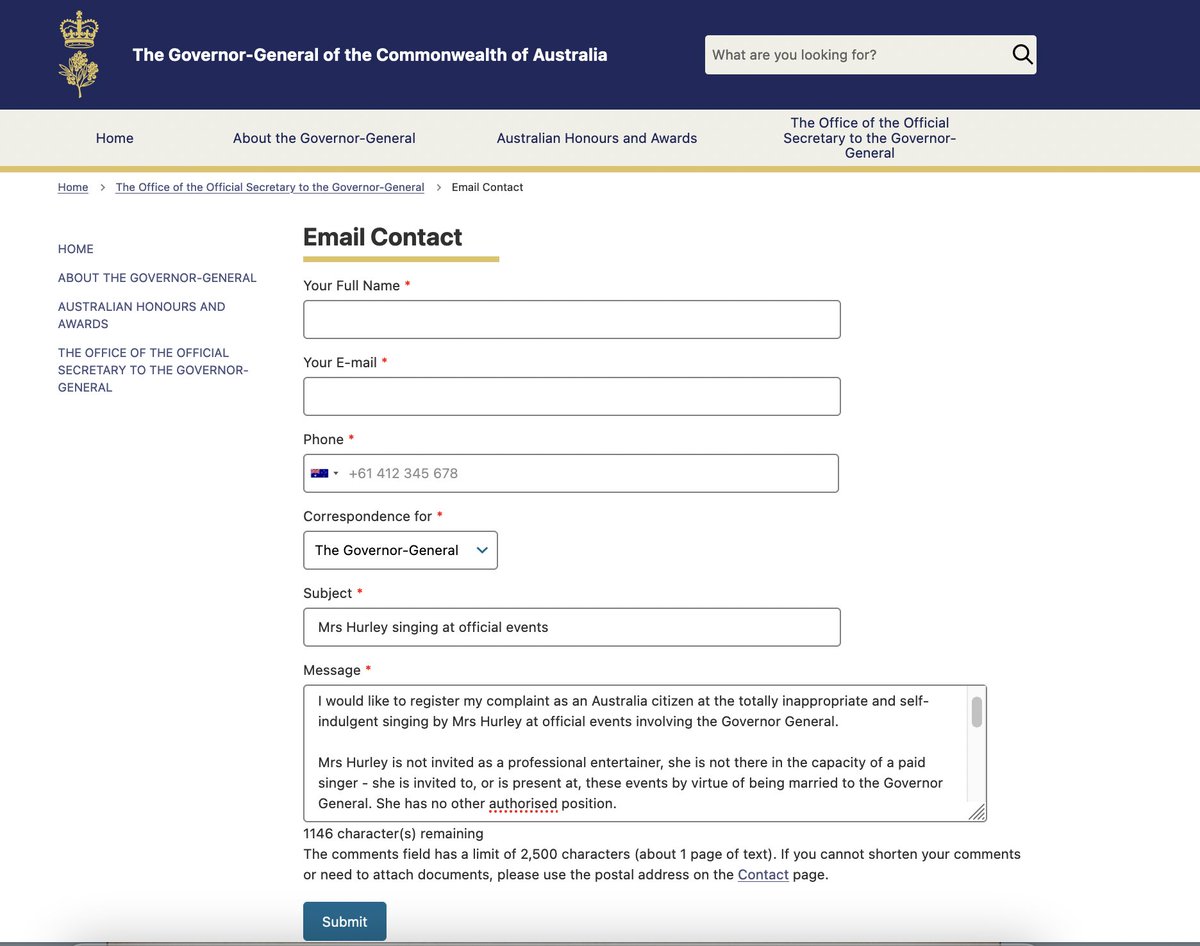 It really is time Australians registered their offence & complained directly to the GG about this self-indulgent nonsense. Please fill in this form on the GG's page to register your complaint about this abuse of the Gov General's position (& retweet). 👉🏽gg.gov.au/office-officia…