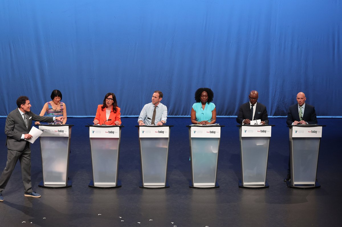 SteveRussell's tweet photo. Toronto Mayoral candidates Ana Bailão, Brad Bradford, Olivia Chow, Mitzie Hunter, Josh Matlow, & Mark Saunders debate in the TVO/Toronto Board of Trade at Isabel Bader Theatre. #TOpoli #TOelection https://t.co/jQA1sff4Sp