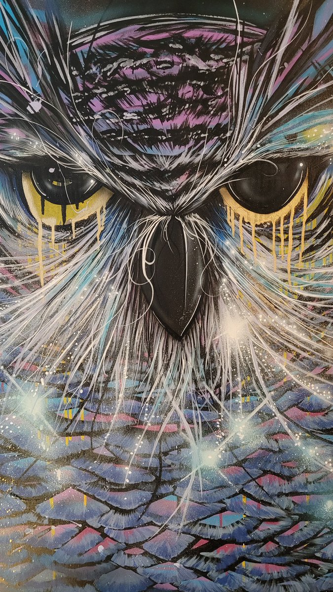 MagicfinngaW's tweet photo. "Let It Run" by Magic F. W.
5ft'(60") x 4ft'(48") Acrylic, Airbrush, Aerosol paint on canvas. - I was working this the night you got your wings. The paint has been running ever since. 
--"Don't let my silence and still nature fool you. I'm hunting." Said the Owl.-- https://t.co/XdRYyV58He