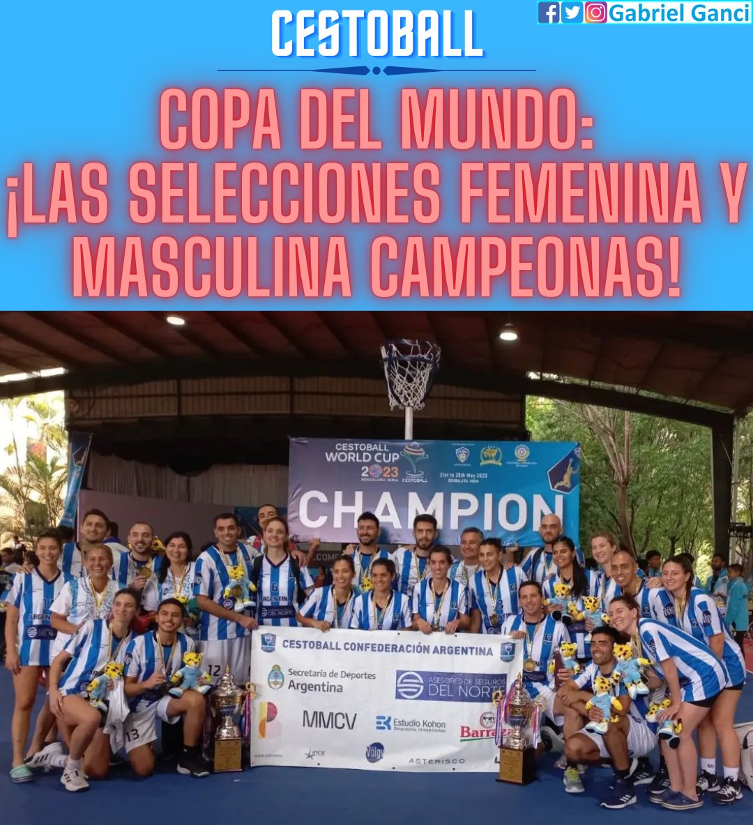 🔶CESTOBALL🔶
COPA DEL MUNDO🟦¡¡¡LAS SELECCIONES FEMENINA Y MASCULINA CAMPEONAS!!!🟦
En Bangalore, India, se celebró la 1ª edición de este certamen. 
Ambas finales por el título, fueron frente a India. La Selección femenina se impuso 83-56 y la masculina 75-61.
#VamosARGENTINA🇦🇷