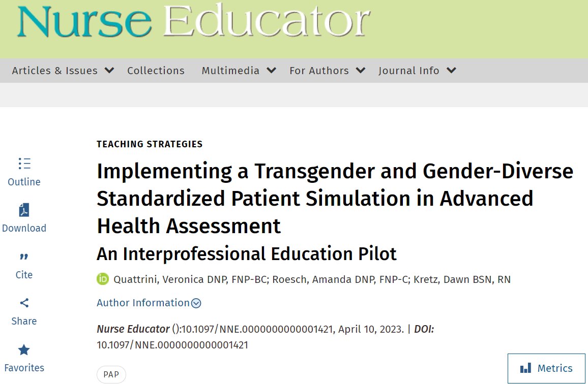 'Implementing a Transgender and Gender-Diverse Standardized Patient Simulation in Advanced Health Assessment: An Interprofessional Education Pilot'

It is imperative to train APN & medical students to provide culturally appropriate, affirming care.

bit.ly/3MPHNUz