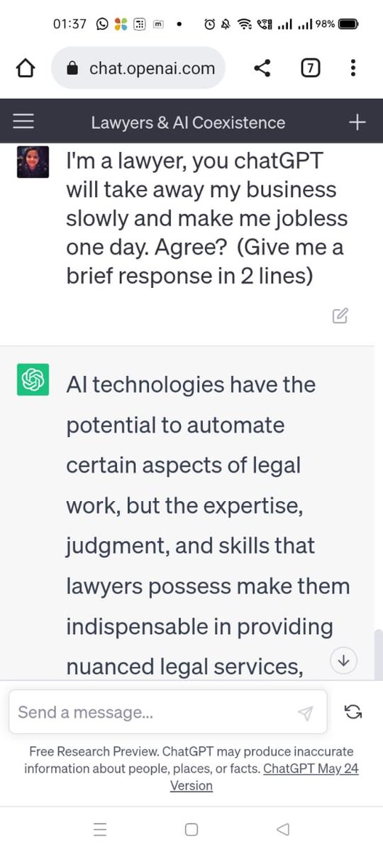 I believe that I am indispensable, and therefore I consider myself to be in a secure position 😆 

I can coexist with AI to enhance my practice 👇

#FirstTimeWithChatGPT  #ExploringChatGPT #FunWithAI #UnleashingAIInsights #ChatGPT