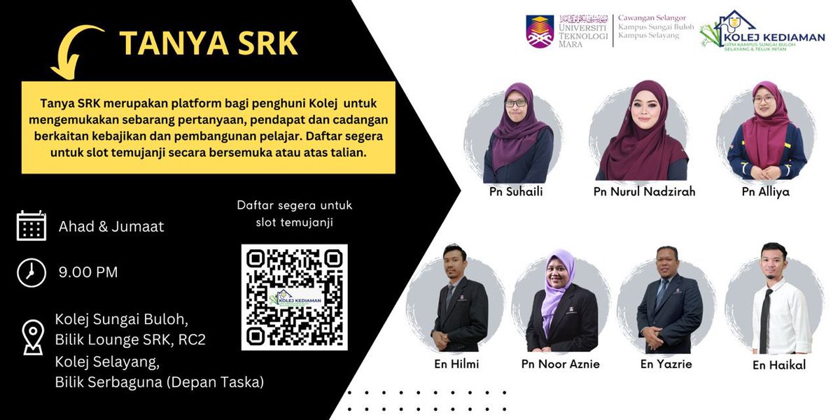 JPKUSB's tweet photo. “Tanya SRK” memberi platform untuk anda berhubung dengan pihak SRK bagi sebarang pertanyaan tentang:-
📌peraturan kolej kediaman
📌cadangan penambahbaikan kolej kediaman
📌kebajikan penghuni kolej kediaman

link pendaftaran:

https://t.co/IYA50IsYbI

#jpkuitm
#jpkusb https://t.co/S5Sm5KIETz