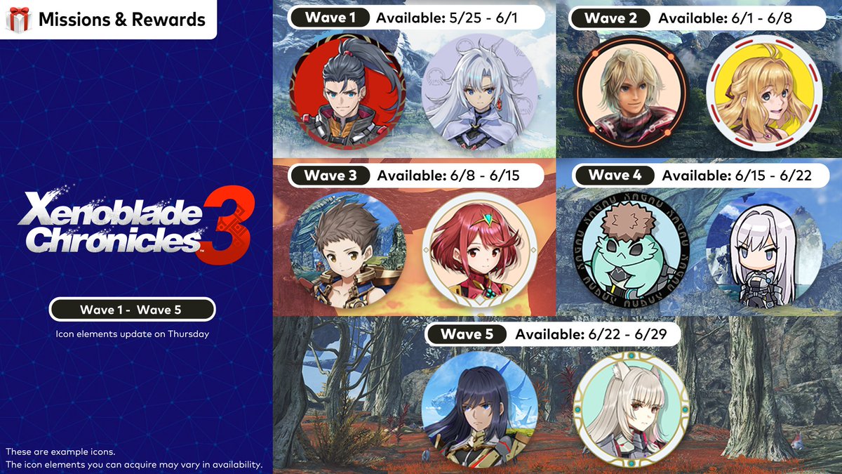 #NintendoSwitchOnline members! Now's your chance to redeem your #MyNintendo Platinum Points to collect custom icons from #XenobladeChronicles3. 

Icon elements will be refreshed each week until 6/29 at 6PM PT. #MissionsAndRewards 

ninten.do/6012gjZ90