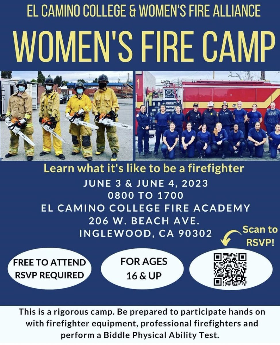 Great opportunity to get your foot in the door and get hands on experience with professional firefighters.

June 3 & 4

Must RSVP! 

#WomensFireCamp #ElCaminoFireAcademy #biddle #womensfirealliance #ElCaminoCollege #FreeThingsToDo