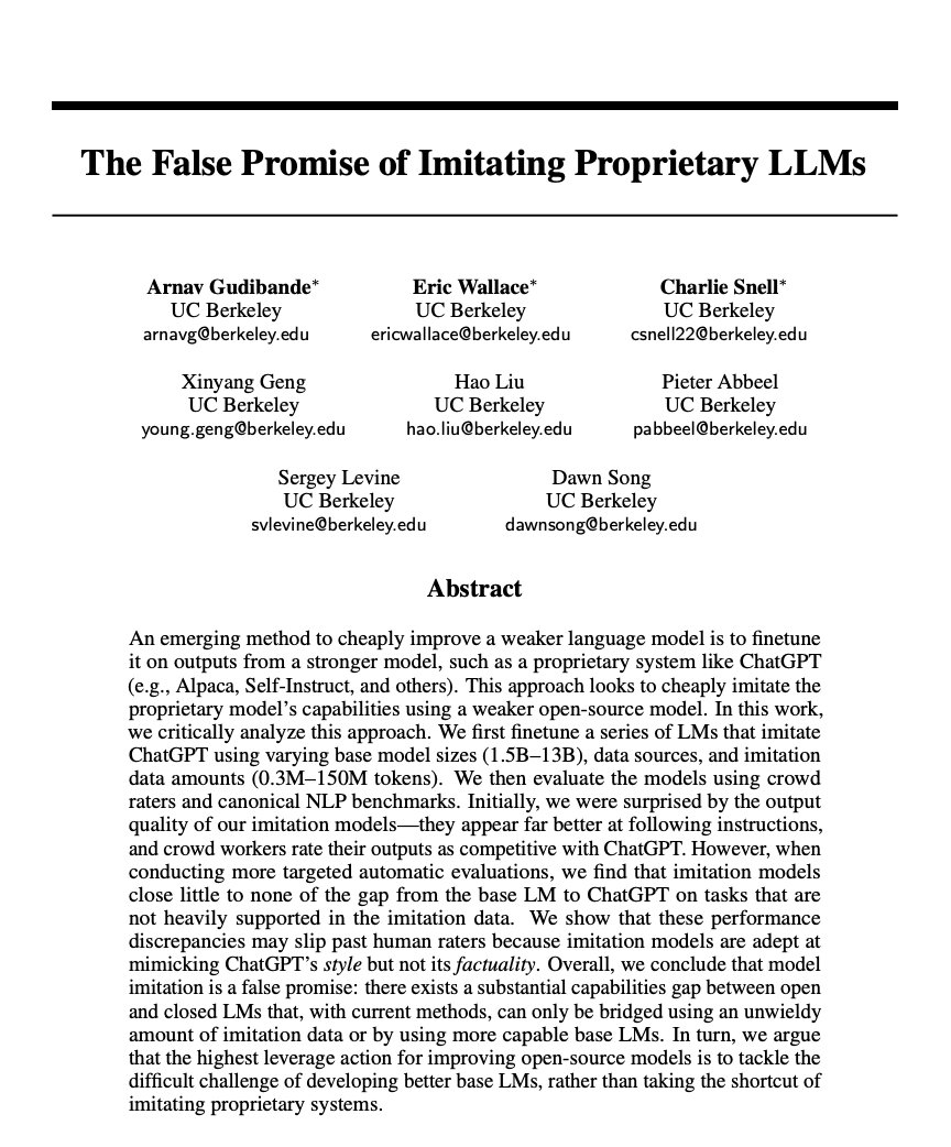 The False Promise of Imitating Proprietary LLMs  An emerging method to cheaply improve a weaker language model is to finetune it on outputs from a str