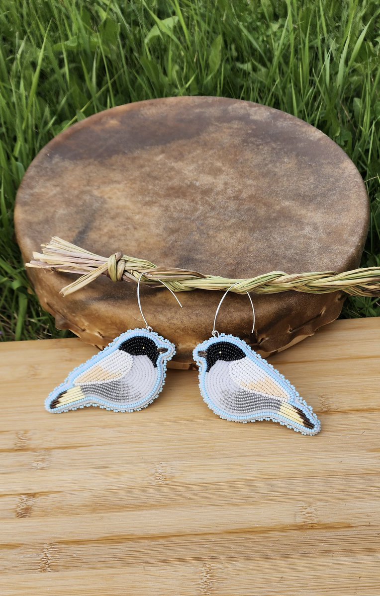 I beaded some twin chickadees 🤍

These are size 11's, with porcupine quill tails and beaks, backed on moosehide, and hypoallergenic V- hooks.
These are some big birds but so lightweight.
$200 Canadian plus shipping

#beadwork #beadedearrings #indigenousmade #NativeTwitter