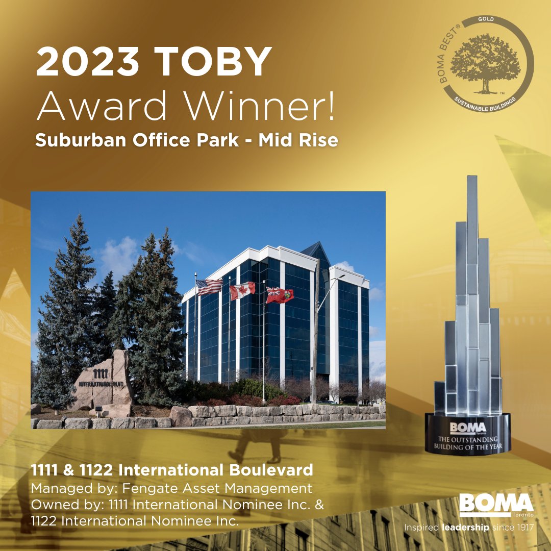 BOMA_Toronto's tweet photo. The Outstanding Building of the Year Award in the Suburban Office Park - Mid-Rise goes to 1111 & 1122 International Boulevard, managed by Fengate Asset Management. Congratulations to property manager Joe Itner and team on this well-deserved win. @Fengate #BTGala25 #TOBYAward https://t.co/tnLUsX0yiP
