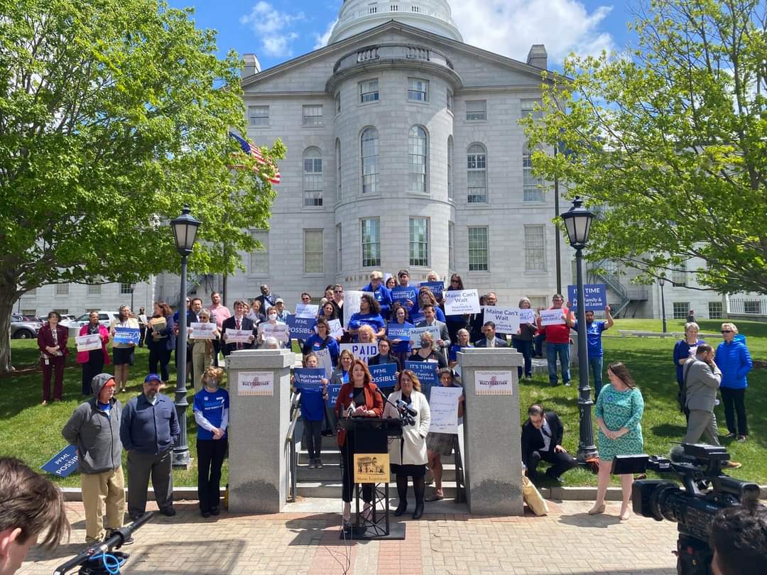 EqualityMaine's tweet photo. Today, bill sponsors Sen. Daughtry &amp; Rep. Cloutier, along with supporters and the Maine Paid Leave Coalition, which includes EQME, introduced LD 1964, a bipartisan bill to create a Paid Family and Medical Leave Program that works for Maine. #PaidLeaveNow #mepolitics https://t.co/xPrMXucWSy