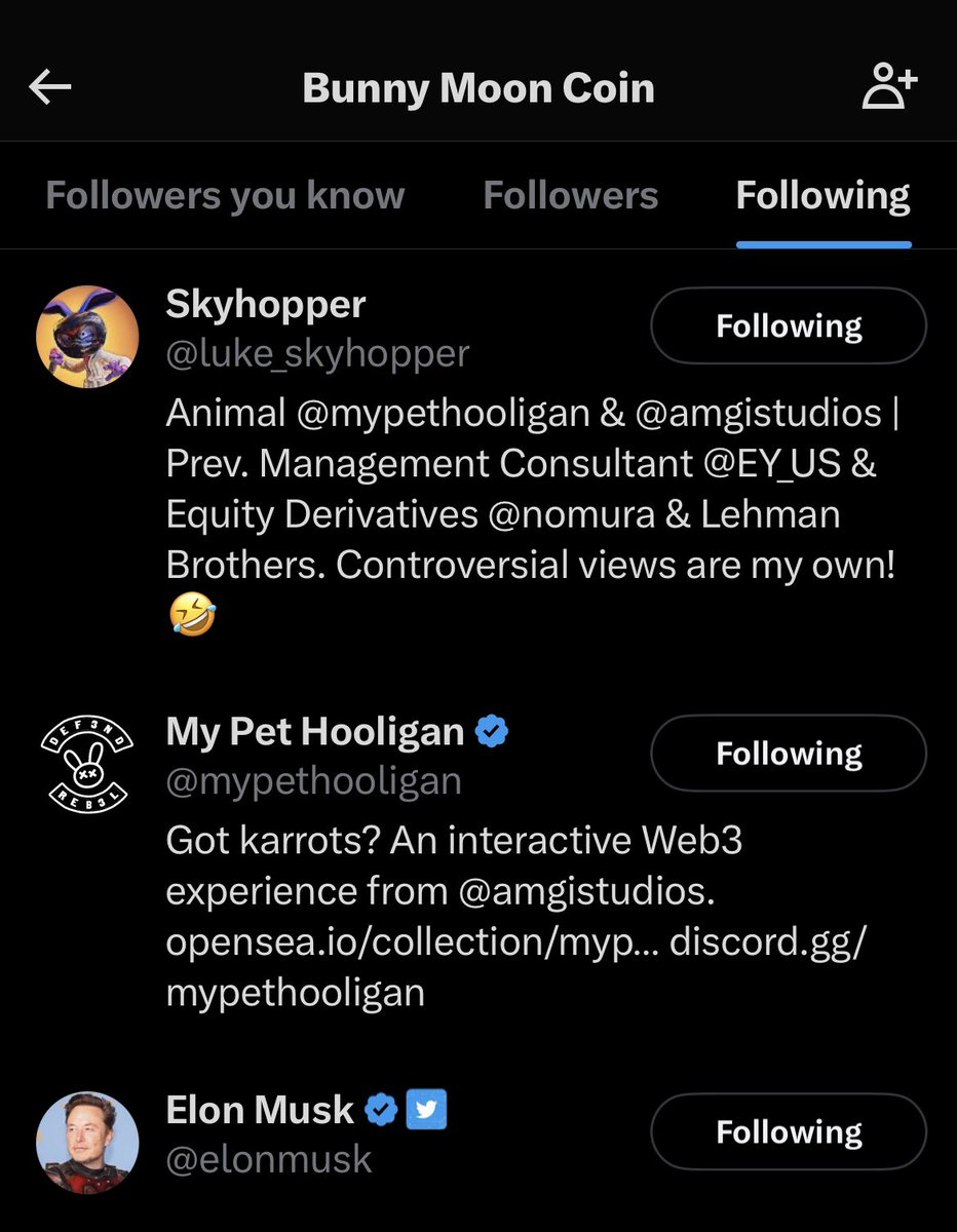 rektavocado's tweet photo. @BunnyMoonCoin This coin account is following @elonmusk! BULLISH. Period. 🌝🚀 https://t.co/9nPgxWq7dv