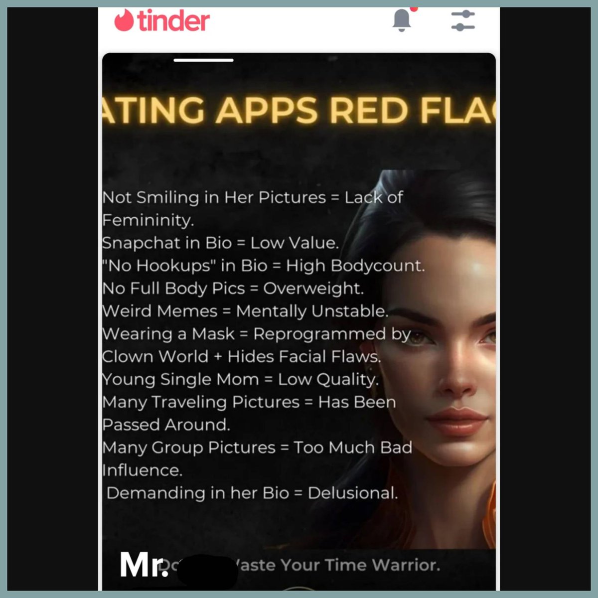 Dude: Dating is so easy for women. Just pick one of hundreds of Nice Guys™ on the app.

And what's on the app: this bio