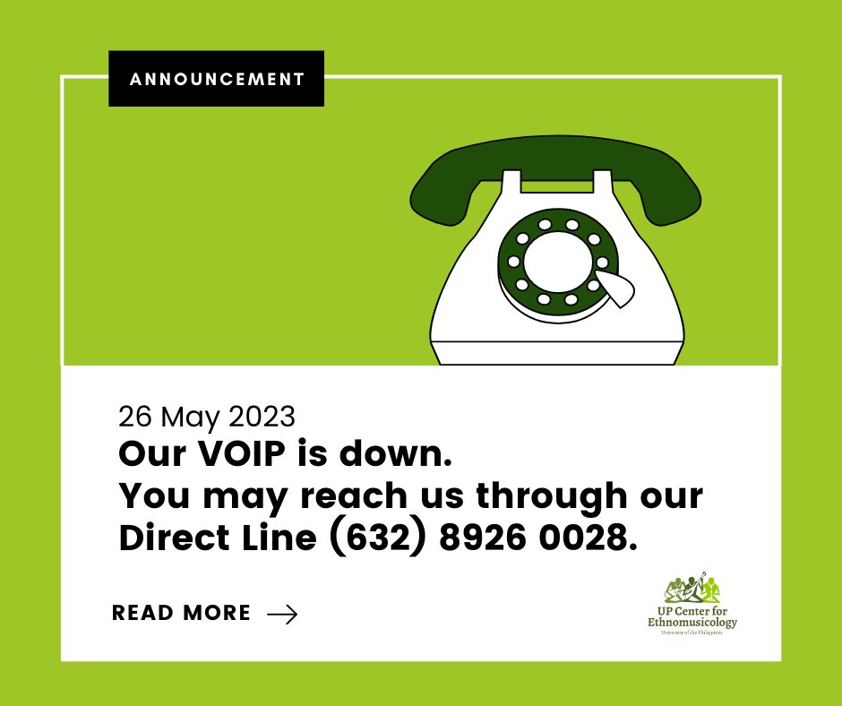 UPEthnoM's tweet photo. NOTICE
26 May 2023
Our VOIP is down.
You may reach us through our Direct Line (632) 8926 0028.

We will update once things are fixed.
Thank you for your understanding. https://t.co/ACAYPXCYjZ