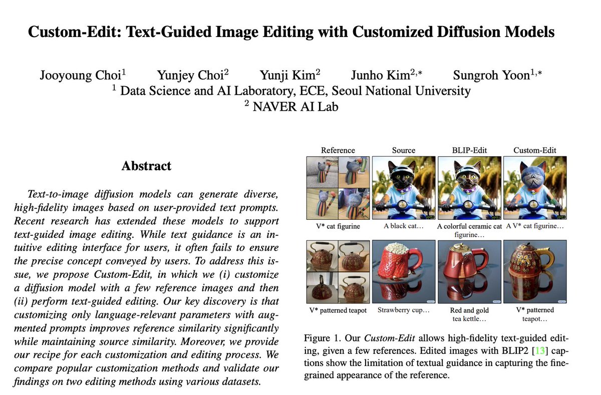 _akhaliq's tweet photo. Custom-Edit: Text-Guided Image Editing with Customized Diffusion Models
propose Custom-Edit, in which we (i) customize a diffusion model with a few reference images and then (ii) perform text-guided editing. Our key discovery is that customizing only language-relevant parameters with augmented prompts improves reference similarity significantly while maintaining source similarity. Moreover, we provide our recipe for each customization and editing process. We compare popular customization methods and validate our findings on two editing methods using various datasets
paper page: https://t.co/Gpak2dpanc