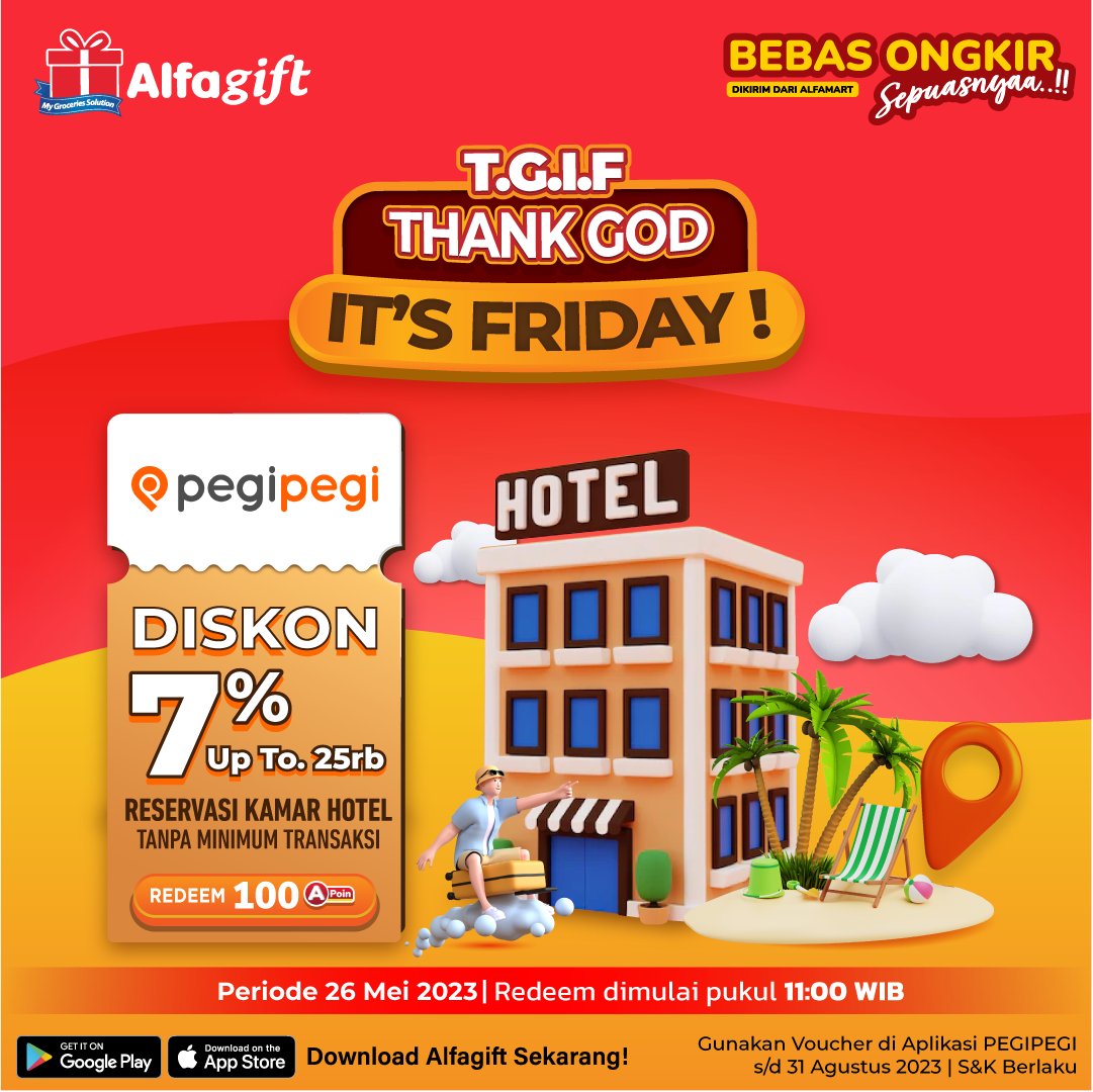 alfamart's tweet photo. Siap-siap untuk Harpitnas weekend depan, Sahabat rencana mau kemana nih?? 😁😅
Kebetulan #TGIFnyaAlfagift hari ini ada Voucher Gratis untuk Hotel & Sarana Transportasi dari #PegiPegi dengan cara Redeem A-Poin di #Alfagift 😉.
Promonya mulai pkl 11.00 WIB siang ini ya. https://t.co/SmFCmAMlyU