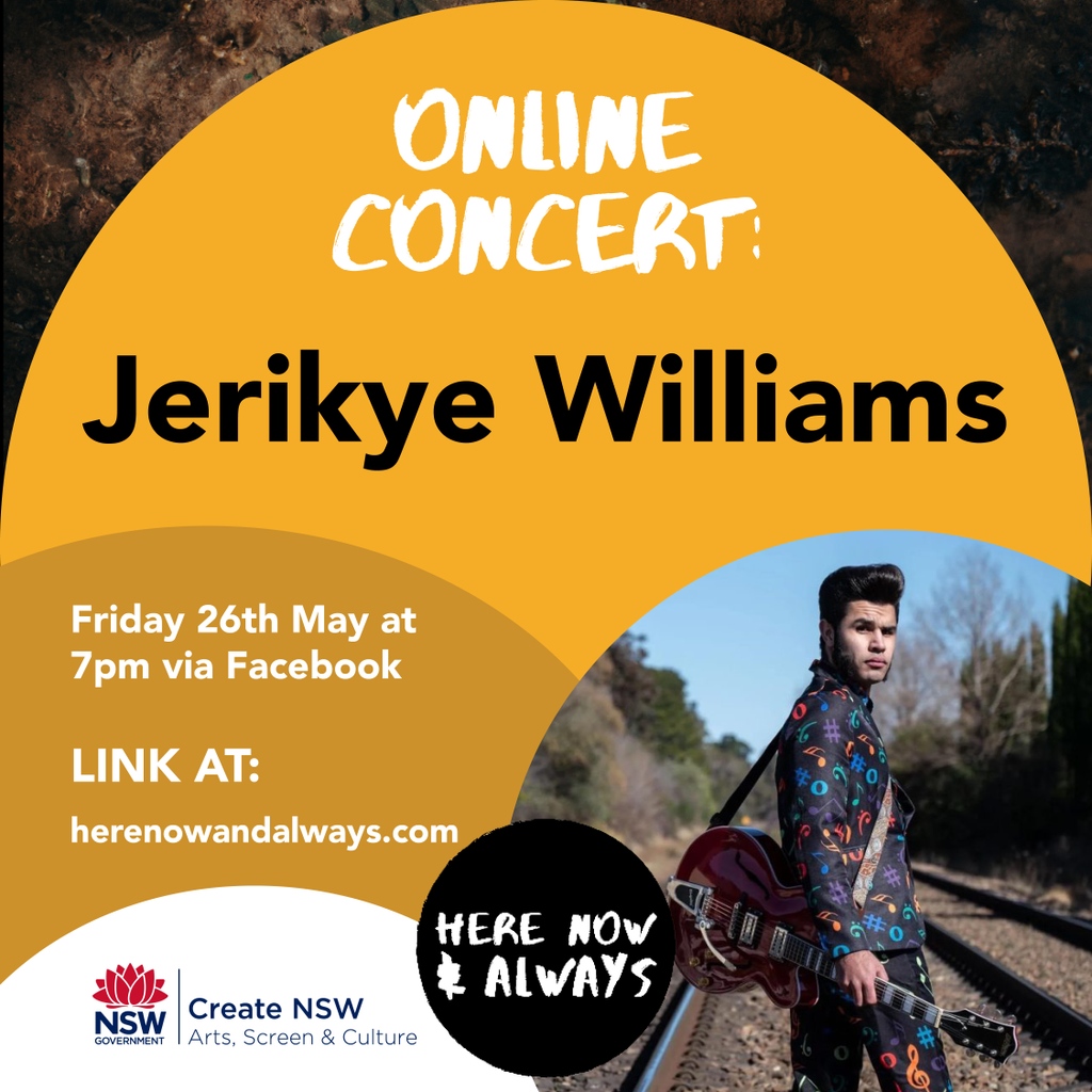 TablelandsArts's tweet image. &quot;𝗛𝗘𝗥𝗘 𝗡𝗢𝗪 &amp;amp; 𝗔𝗟𝗪𝗔𝗬𝗦&quot; // 👇🏿 ONLINE CONCERT 👇🏿
 
Jerikye Williams - 7:00 pm to  8:00 pm TONIGHT!

herenowandalways.com/events

Jerikye Williams is a Wiradjuri man, born in Cowra and living in Queanbeyan on Ngambri/Ngunnawal land.