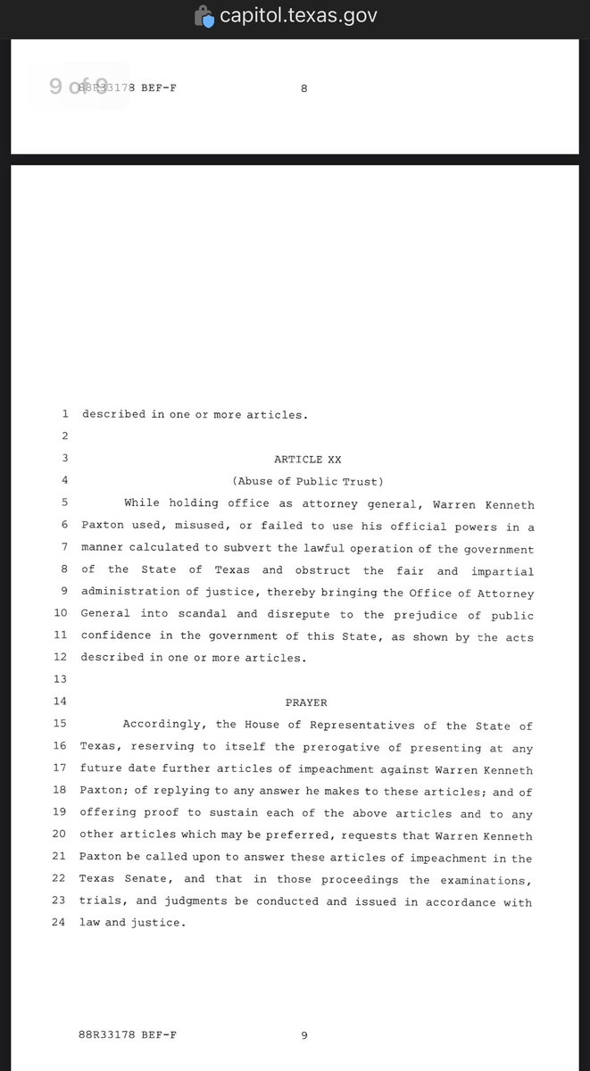 Wow. Happening fast now. The Texas House has issued *Twenty* articles of impeachment against Attorney General Ken Paxton. Disregard of Official Duty, Misuse of Public Resources, Constitutional Bribery, Obstruction of Justice… It ends with a prayer. capitol.texas.gov/tlodocs/88R/bi…