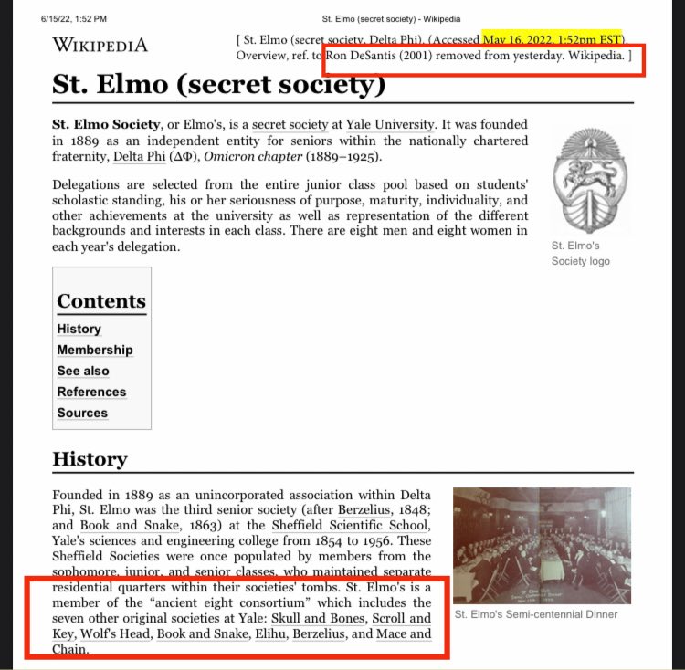 johnnymaga's tweet photo. Ron Desantis was listed as being a member of an elite Yale secret society until about a year ago, when a scrub campaign was done to remove mentions of it https://t.co/FJKqoVtn9p