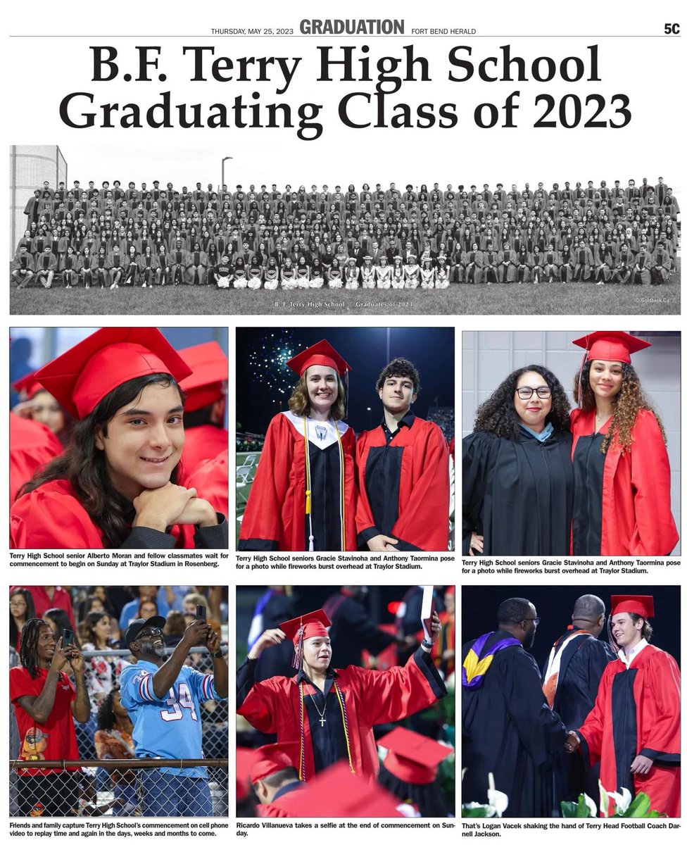 Terry_Rangers's tweet photo. Ranger Nation, pick up a copy of today's Fort Bend Herald Class of 2023 Graduation Special Section. Terry graduate Amoni Young's excitement can be seen on the cover page. #LetsRideOut @fbherald https://t.co/aqALriD6r2