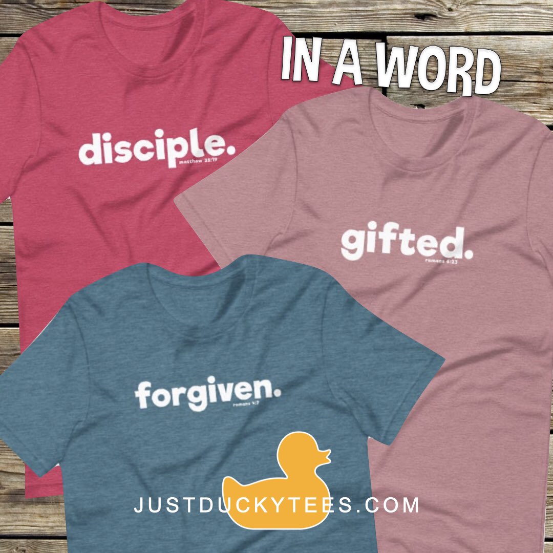 JustDuckyMedia's tweet photo. One word to start a conversation!
In A Word is our first line of original tees created to help you start a life changing conversation of faith. https://t.co/5xjgXDtG91 to learn more and shop!

#inaword #justduckytees #tees #tshirts #shirts #graphictees #faith https://t.co/Iz2dIcxyM7