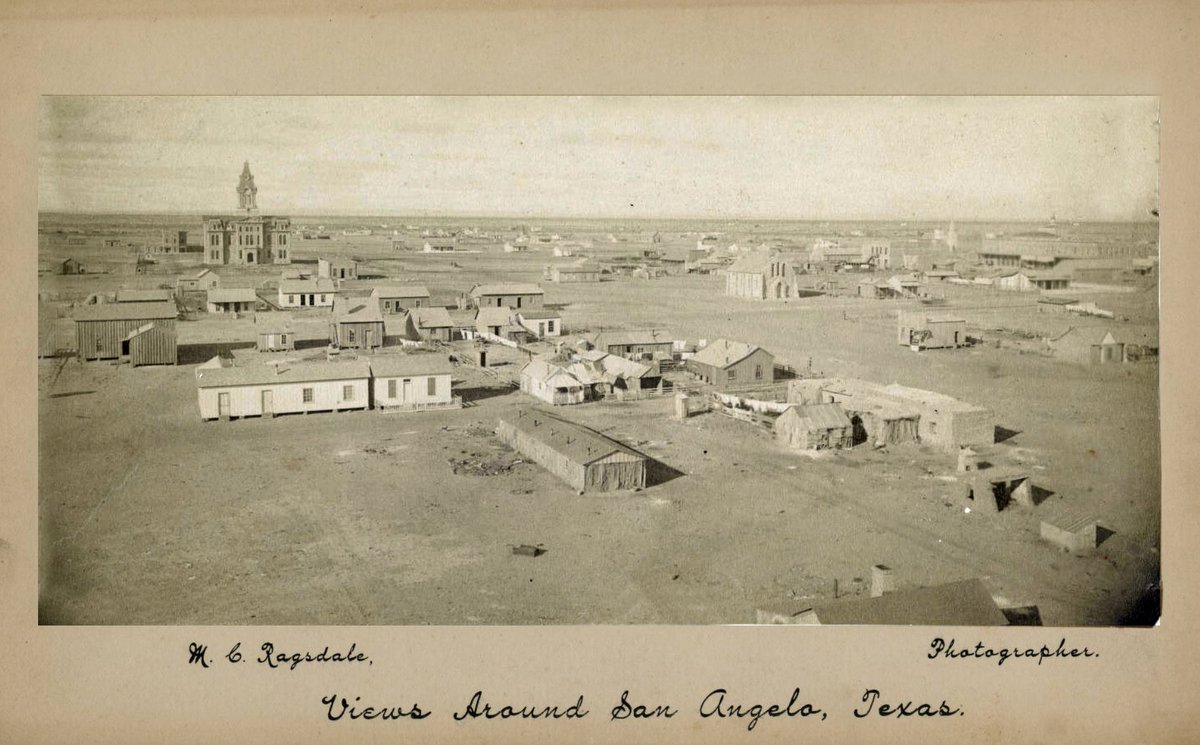 TracesofTexas's tweet photo. A remarkable very early look at San Angelo.  One of you natives can better tell us if any of these buildings still stand and from where this was likely taken and in which direction we're looking. It seems like it should be looking north or south, given the shadows.  Taken by noted San Angelo photographer M.C. Ragsdale, who settled in San Angelo in 1882 and was in business for the next 36 years.  He probably took this in the 1890s.

This photo is courtesy SMU's Degolyer Library's Lawrence T. Jones III Texas collection of nearly 4,000 photos. You can search them all here.  https://t.co/bZi7F2efcu