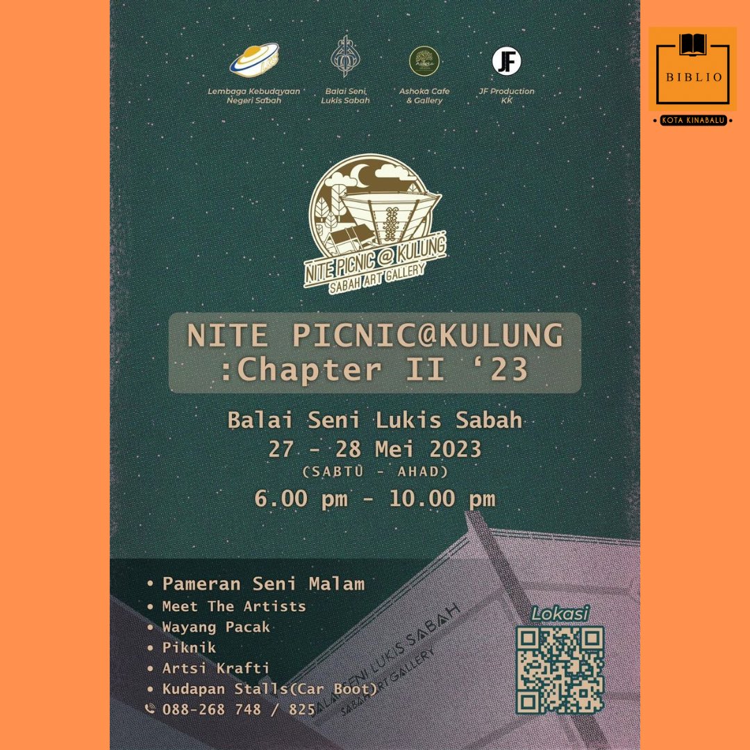 BiblioKK's tweet photo. Bintang dan buku, semesta jiwa manusia! ✨📚

Jom ikut piknik bersama kami dan raikan filem, seni dan buku di Balai Seni Lukis Sabah pada hujung minggu ini 

Turun seja, masuk percuma 🧡 https://t.co/QI4cDu4UtZ